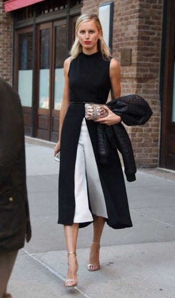 White culottes pants outfit with long black cardigan
