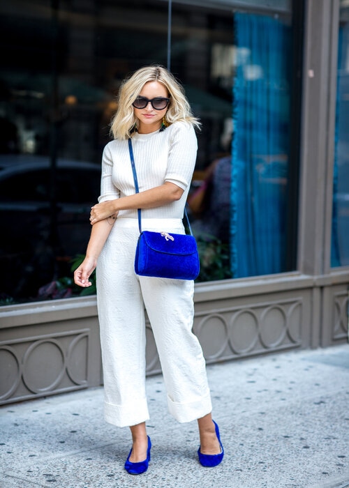 Blue shoes to wear with white culottes pants